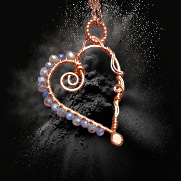Artisan Jewelry - Artisan Copper Wire Heart Necklace – Labradorite & Sapphire Beads